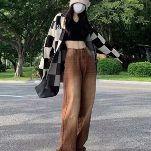 Feynzz European And American Retro Brown Jeans Women's Spring And Autumn High-waisted Straight-leg Loose And Thin Wide-leg Pants