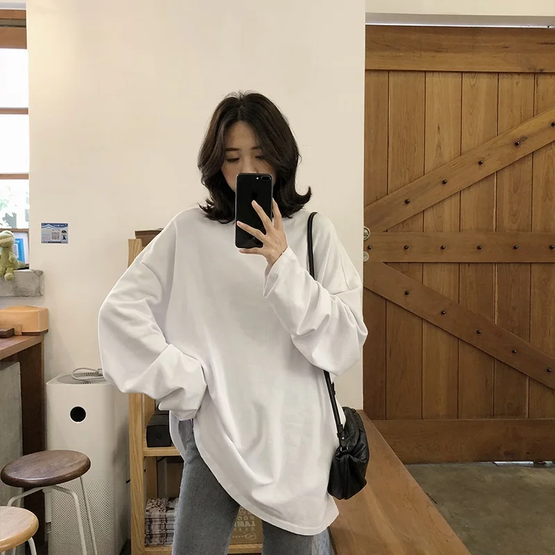 spring autumn Solid Simple oversized tshirt harajuku long T Shirt Women kawaii T-shirts Women 90s White yellow long Sleeve Tops