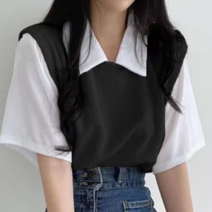 Korean Casual False Two-piece Lady Polo Shirts Contrast Color Spliced Short Sleeve Women's Tops Spring Summer T-shirts 2024 New