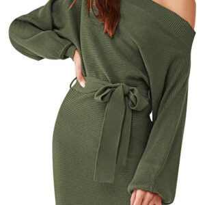 Women's Long Sleeve Off Shoulder Sweater Dress Ribbed Bodycon Dress Wasit Tie