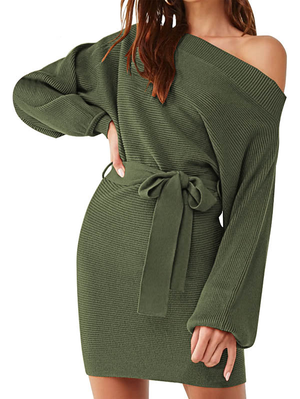 Women's Long Sleeve Off Shoulder Sweater Dress Ribbed Bodycon Dress Wasit Tie
