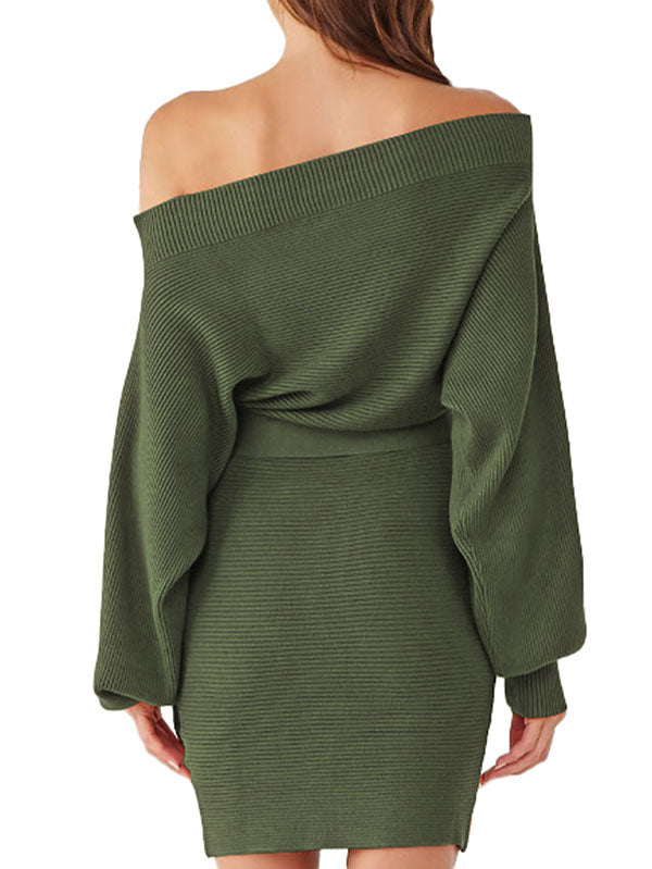 Women's Long Sleeve Off Shoulder Sweater Dress Ribbed Bodycon Dress Wasit Tie - Image 2