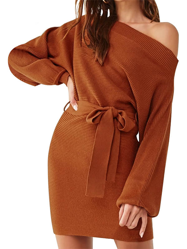 Women's Long Sleeve Off Shoulder Sweater Dress Ribbed Bodycon Dress Wasit Tie - Image 3