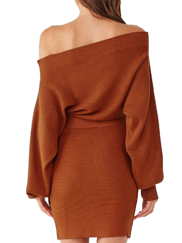 Women's Long Sleeve Off Shoulder Sweater Dress Ribbed Bodycon Dress Wasit Tie - Image 4