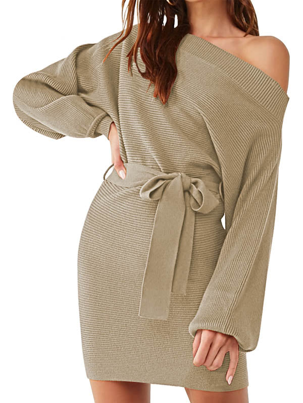 Women's Long Sleeve Off Shoulder Sweater Dress Ribbed Bodycon Dress Wasit Tie - Image 5