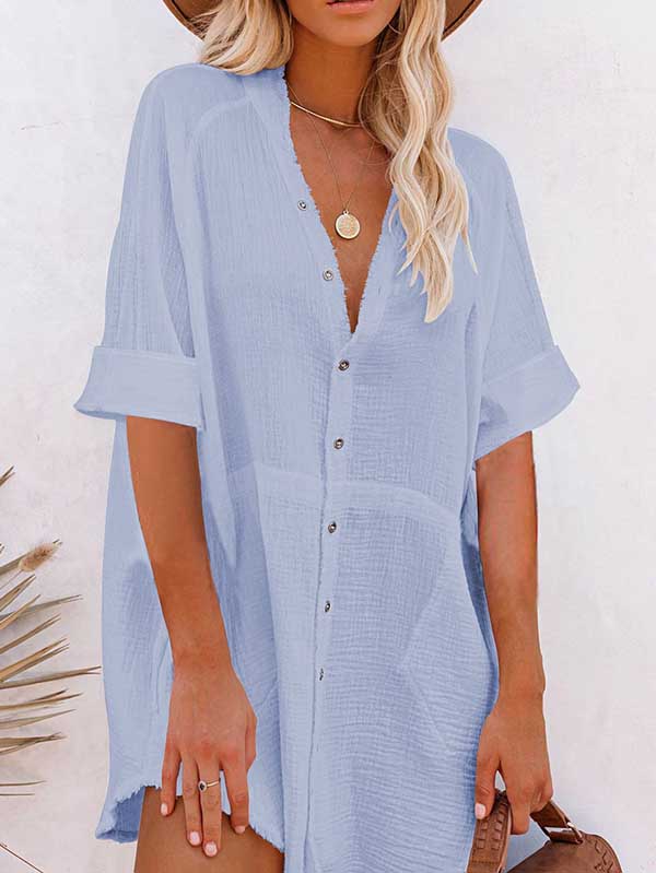 Women V Neck Long Sleeve Button Down Blouse Oversized Tunic Dress - Image 8