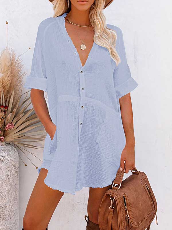Women V Neck Long Sleeve Button Down Blouse Oversized Tunic Dress - Image 7