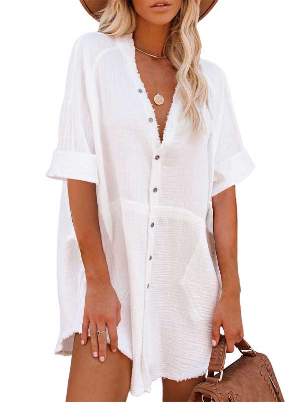 Women V Neck Long Sleeve Button Down Blouse Oversized Tunic Dress - Image 4