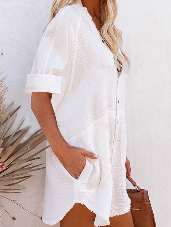 Women V Neck Long Sleeve Button Down Blouse Oversized Tunic Dress - Image 3