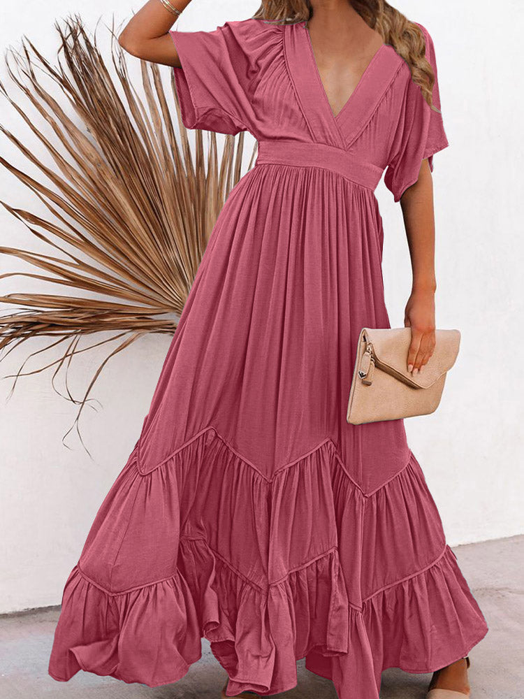 Women's Deep V Neck Short Sleeve Long Dresses Swing A-Line Maxi Dress - Image 3