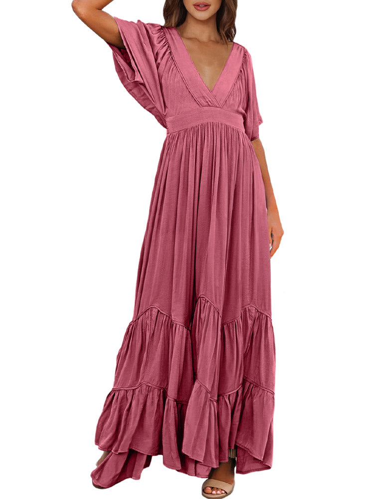 Women's Deep V Neck Short Sleeve Long Dresses Swing A-Line Maxi Dress - Image 2