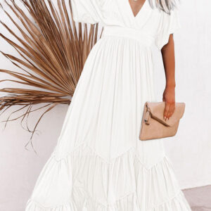 Women's Deep V Neck Short Sleeve Long Dresses Swing A-Line Maxi Dress