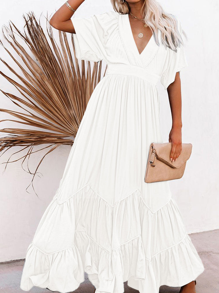 Women's Deep V Neck Short Sleeve Long Dresses Swing A-Line Maxi Dress