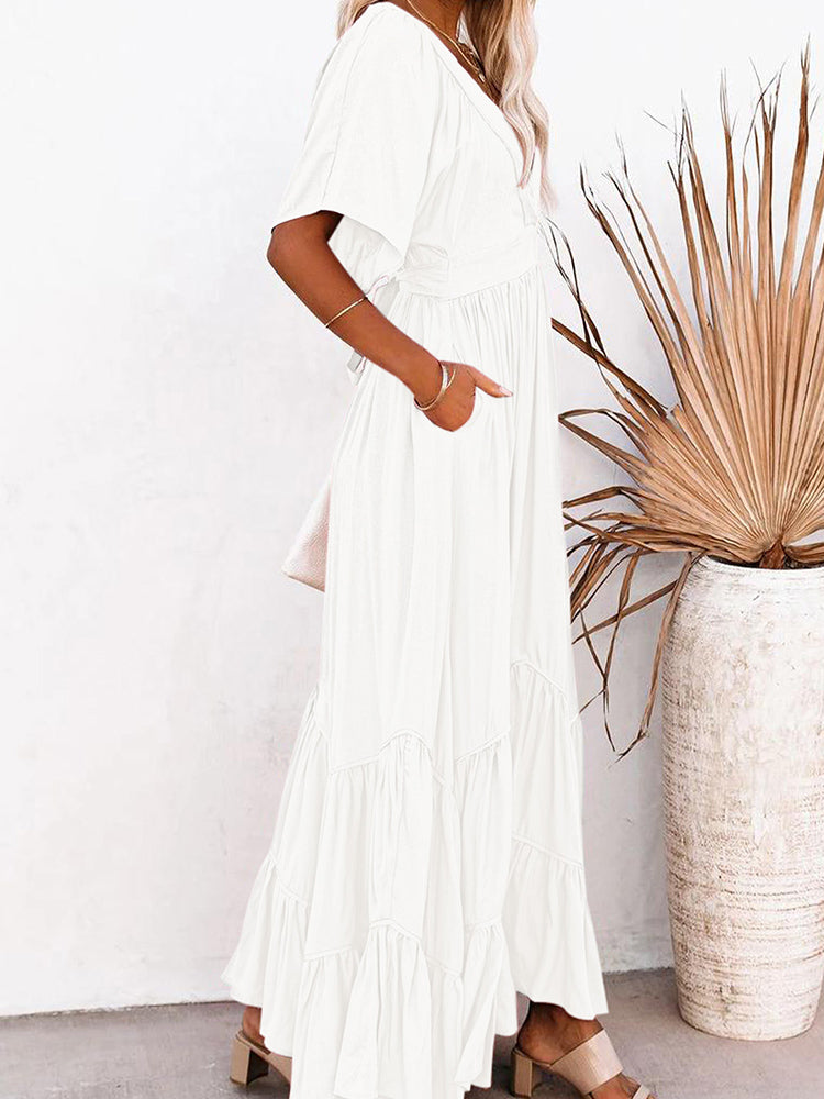 Women's Deep V Neck Short Sleeve Long Dresses Swing A-Line Maxi Dress - Image 4