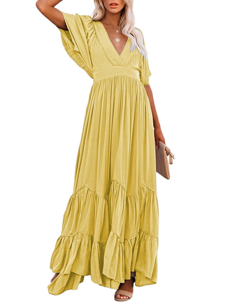 Women's Deep V Neck Short Sleeve Long Dresses Swing A-Line Maxi Dress - Image 5