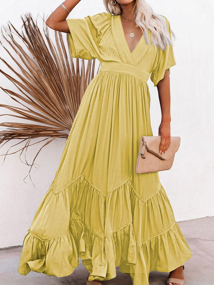 Women's Deep V Neck Short Sleeve Long Dresses Swing A-Line Maxi Dress - Image 6