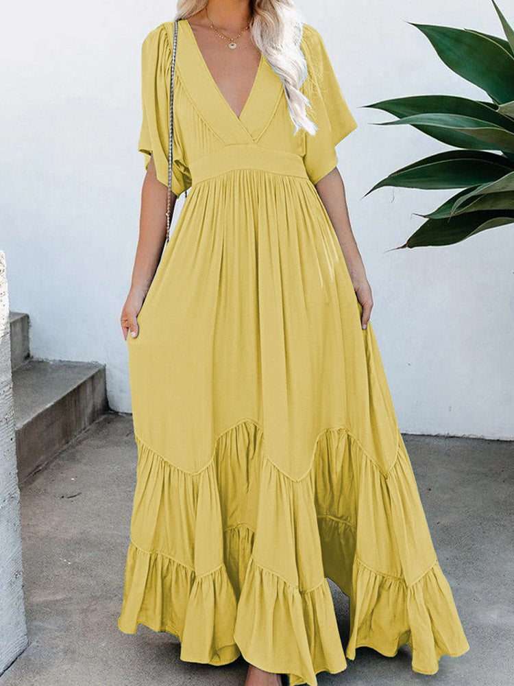 Women's Deep V Neck Short Sleeve Long Dresses Swing A-Line Maxi Dress - Image 7