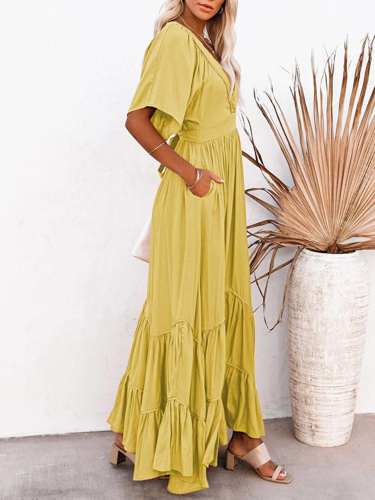 Women's Deep V Neck Short Sleeve Long Dresses Swing A-Line Maxi Dress - Image 8