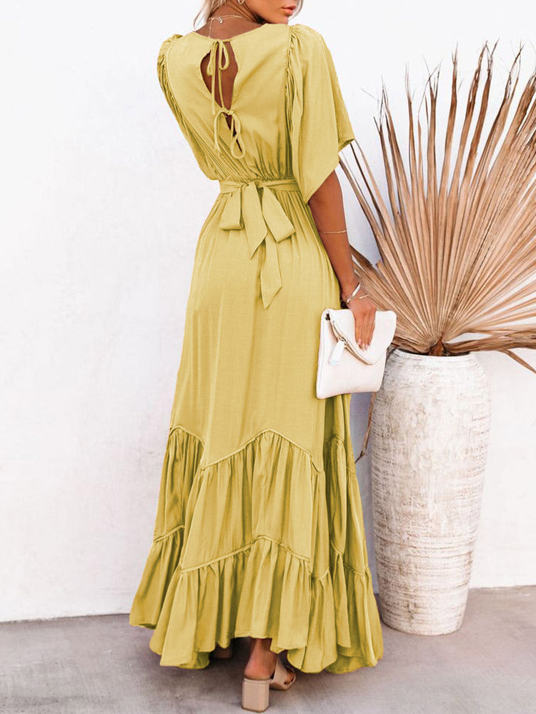 Women's Deep V Neck Short Sleeve Long Dresses Swing A-Line Maxi Dress - Image 9