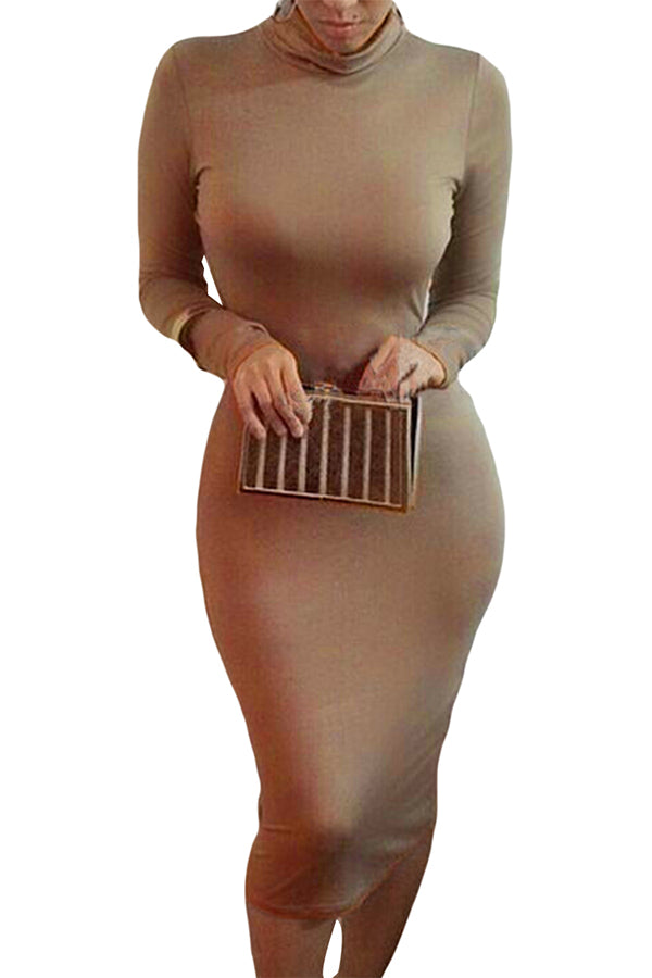 Turtleneck Bodycon Dresses Sexy Long Sleeve Midi Dress For Women - Image 8