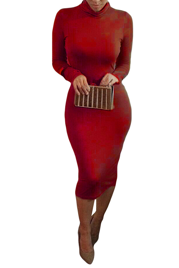 Turtleneck Bodycon Dresses Sexy Long Sleeve Midi Dress For Women - Image 9