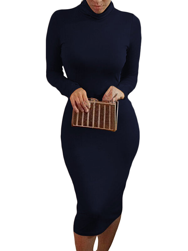 Turtleneck Bodycon Dresses Sexy Long Sleeve Midi Dress For Women - Image 3