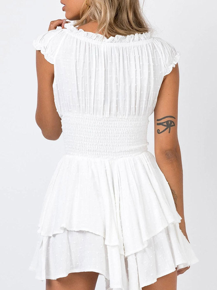 Women's Summer Puff Sleeve Off Shoulder Mini Dress A-Line Ruffle Flowy Swing Dress - Image 3