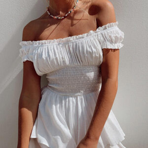 Women's Summer Puff Sleeve Off Shoulder Mini Dress A-Line Ruffle Flowy Swing Dress