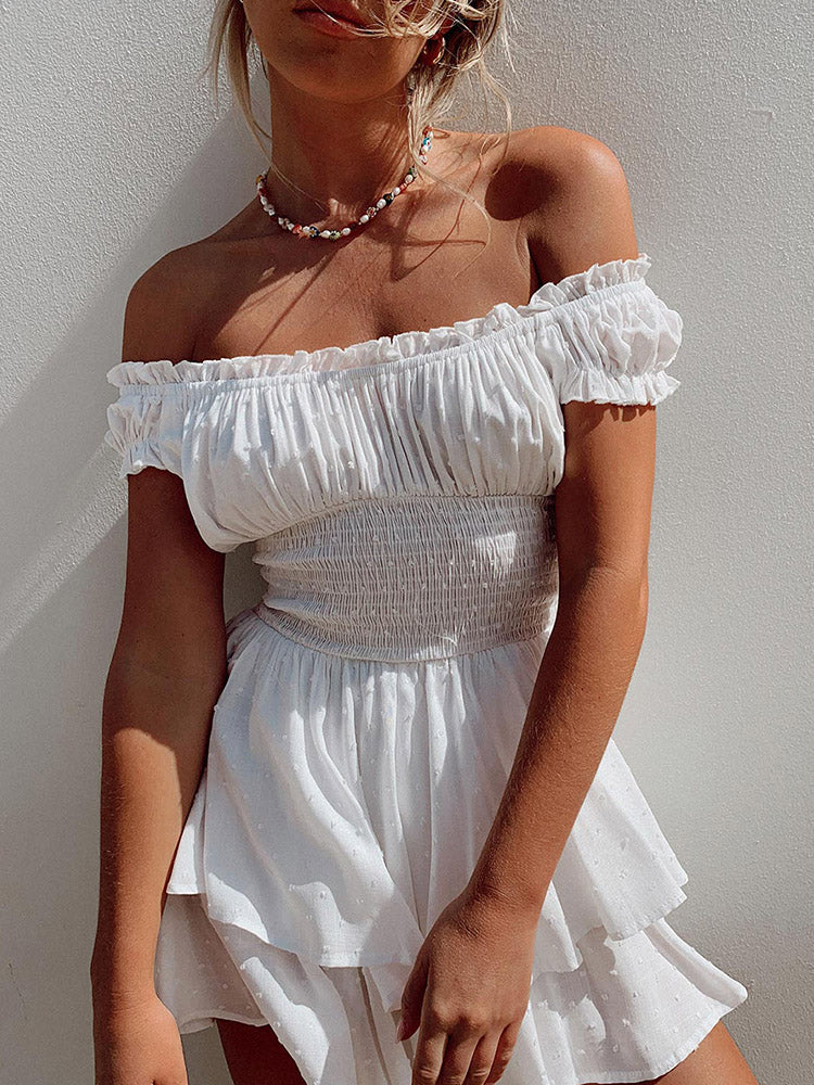 Women's Summer Puff Sleeve Off Shoulder Mini Dress A-Line Ruffle Flowy Swing Dress