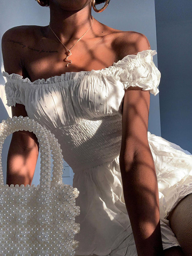 Women's Summer Puff Sleeve Off Shoulder Mini Dress A-Line Ruffle Flowy Swing Dress - Image 5