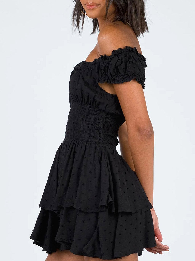 Women's Summer Puff Sleeve Off Shoulder Mini Dress A-Line Ruffle Flowy Swing Dress - Image 8