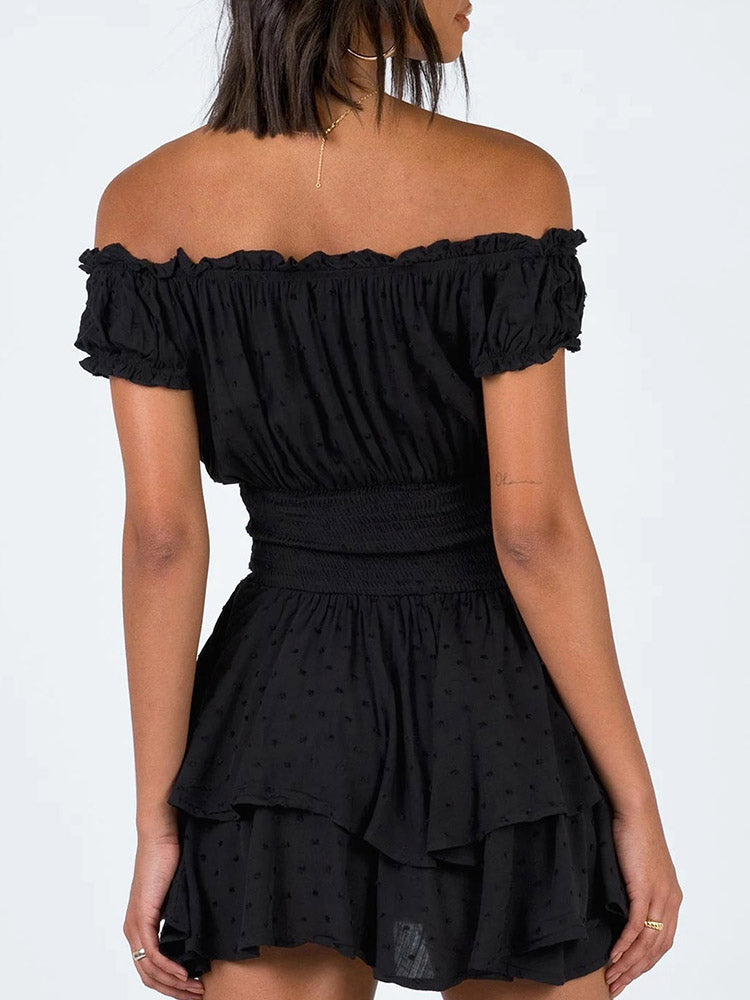 Women's Summer Puff Sleeve Off Shoulder Mini Dress A-Line Ruffle Flowy Swing Dress - Image 9