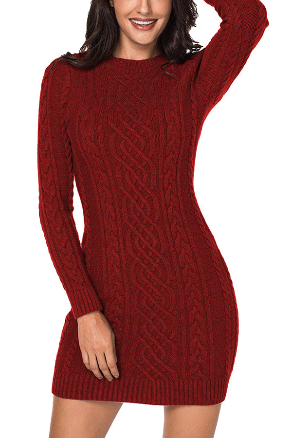 Women's Round Neck Cable Knit Sweater Dresses Bodycon Pullover Dress - Image 5