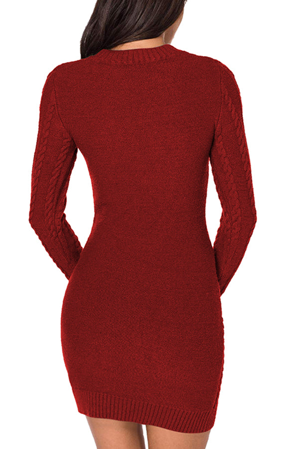 Women's Round Neck Cable Knit Sweater Dresses Bodycon Pullover Dress - Image 6