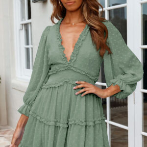 Womens Puff Sleeve Swiss Dot Dress Ruffle Backless Loose Summer Flowy Mini Dress